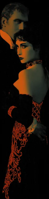 Free dark romance bookmark featuring a couple in deep black and red tones